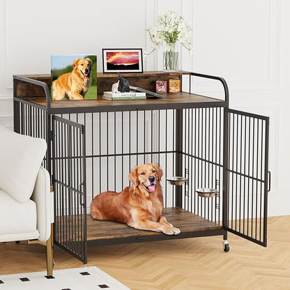 39.8 Inch Dog Crate Furniture, Dog Crate with Adjustable Height Feeder, Designed for Small Dogs, Featuring 360-Degree Swivel Wheels for Easy Movement, Rustic Brown Finish