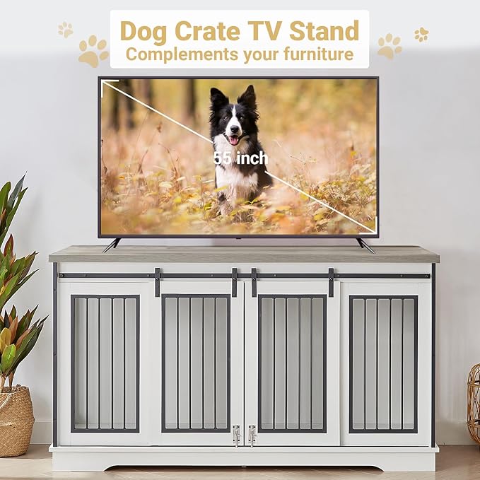 Rovibek 61 Double Dog Crate Furniture for 2 Dogs, Large Double Dog Kennel Furniture TV Stand, Furniture Style Dog Crates End Table, Wood Crates for Dogs Kennel Indoor White
