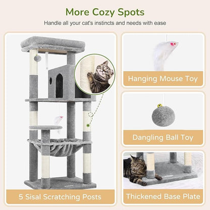 Globlazer Cat Tree Tower with Scratching Post for Indoor Cats, 53inch Tall Plush Multi-Level Cat Climbing Tower Condo House with Large Hammock, Spacious Cat Cave, Padded Top Perch Bed, F53, Light Gray
