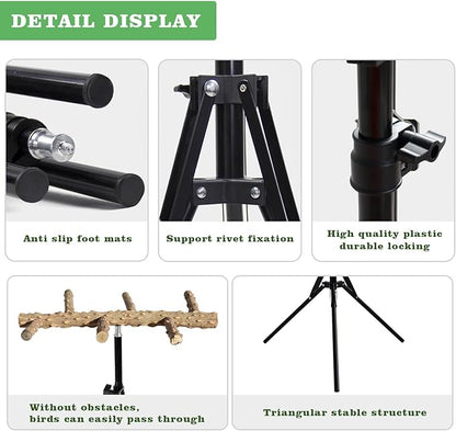 Wooden Bird Perch Stand with a Height Adjustable Tripod, Bird Training Accessories for Indoor or Outdoor, Birds Stand for African Grey, Budgies, Cockatiels, Lovebirds, Conures, Small to Medium Birds