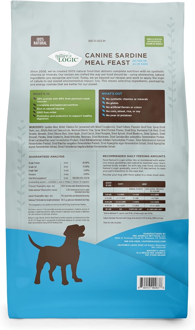 NATURE'S LOGIC Dry Dog Food - 100% Natural - No Synthetics - for All Ages, Sizes, Breeds - Free from Common Allergens, High Protein - Sardine Meal Feast, 13lbs