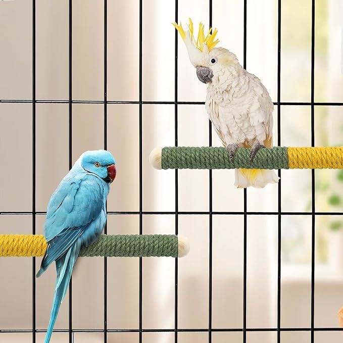 2 PCS 7.4 x 1 inch Bird Perch Parrot Stand Cage Accessories Natural Wooden Stick Paw Grinding Rope-surfaced Chew Toy Standing Rod for Exercise Training Branches (Yellow+Green-2p)