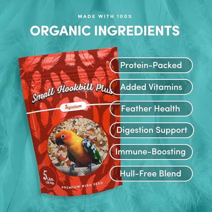 Mycelium Premium Small Hookbill Plus | High-Protein Bird Food for Lovebirds, Parrotlets, & Small Parrots | Organic Seed & Grain Mix with Eggs, Safflower, Millet, Pumpkin, & Oat Groats | 5 lb Bag