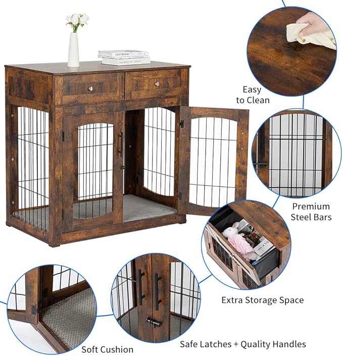 Dog Crate Furniture with Double Drawers, Wooden End Table Dog Kennel, Furniture Style Wood House Crate for Large Dogs, Decorative Dog Crate with Storage for Large Breed, 40 Inch Retro