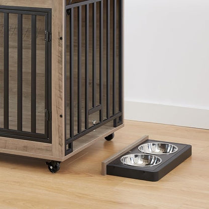 Dog Crate Furniture, Dog House Indoor with Feeding Bowl and Wheels, Wood Dog Crate Dog Kennels Decorative Dog Crate for Small Medium Dogs Grey 43.7" W x 30" D x 33.7" H One Size