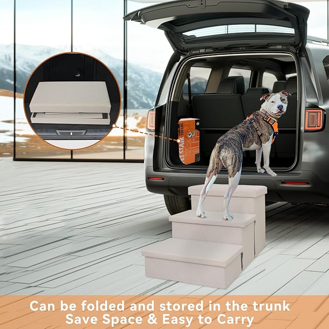 Dog Stairs with Condo 17.5" H, 3-Step Wider Dog Steps for High Beds Couch, Folding Storage Pet Stairs Gift for Small/Medium/Large Dogs Cats, Dog Ramp for Climbing Car Hold Up to 200 lbs, Beige Gray