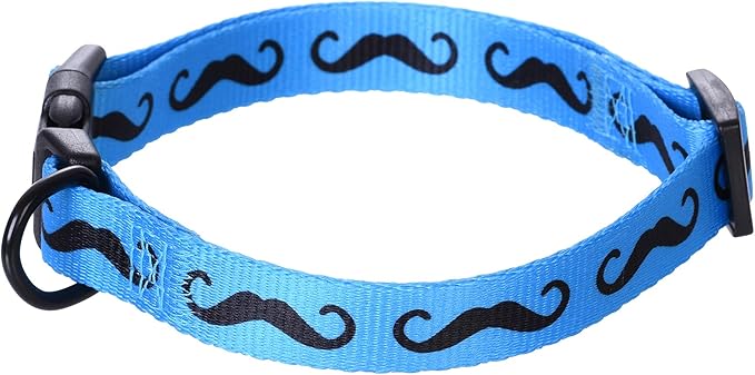 Mile High Life Dog Collar | Cute Puppy Collars | Lightweight Girl Dog Collar | Soft Boy Dog Collars | w Paws Bones Mustache Pattern (Blue, Large)