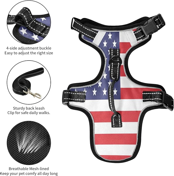 DogCat Harness,Adjustable Soft Padded Pet Dog VestReflective NoChoke Pet Harness Easy Control Front Clip for Small, Medium, Large DogCat American Flag, S, g72466164p610c650s1334