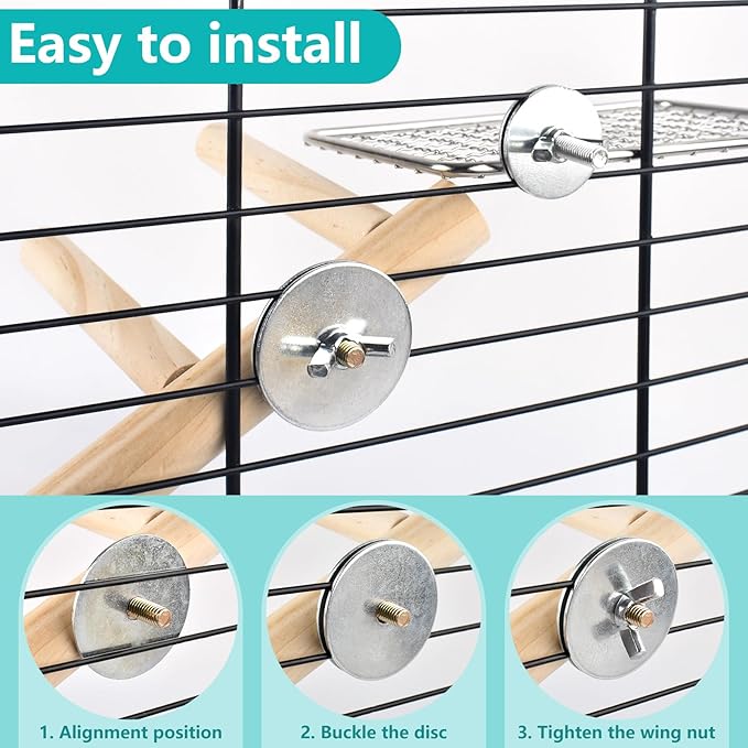 4Pcs Bird Perches Toys, Stainless Steel Perch Platform (2 Sizes), Natural Wood Parrot Climbing Ladder & Swing with Bell, Play Gym Cage Accessories for Budgie Cockatiel Lovebird Canary Conure