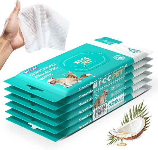 HICC PET Wipes for Dogs & Cats, Cleansing Deodorizing & Soothing Allergy Infections Anal Gland Pets Wipes with Coconut Oil - Dog Grooming Wipes for Butt and Paw - Hypoallergenic & Vet Recommended