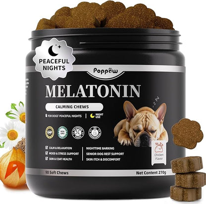 Melatonin for Dogs, Calming Chews with Valerian Root & L-Theanine for Sleep Aid & Emotional Support, Calming Treats for Stress Anxiety Relief, Thunder, Fireworks, Barking, Chicken Flavor, 90Ct