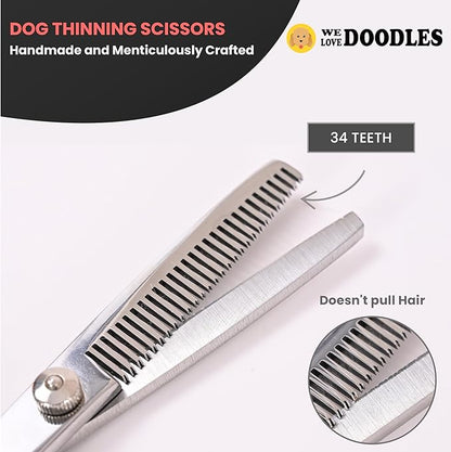 Dog Grooming Scissors Kit - Best Tools for Goldendoodles, Poodles & Doodles - Straight, Curved & Thinning Shears - Golden Doodle Grooming Kit - Professional Grade Steel, 4 Pc Set (Long Silver)