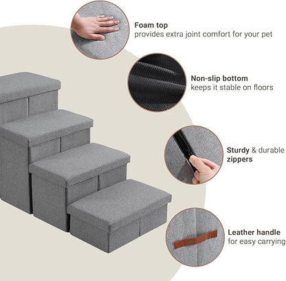 JOLLYVOGUE Dog Steps for Small Dogs, Cat Stairs with Storage, Non-Slip Dog Steps for Beds Couches, Folding Pet Stairs Helper for High Beds, Dog Ramp for Small Dogs and Cats or Pets Friendly, 4-Tiers