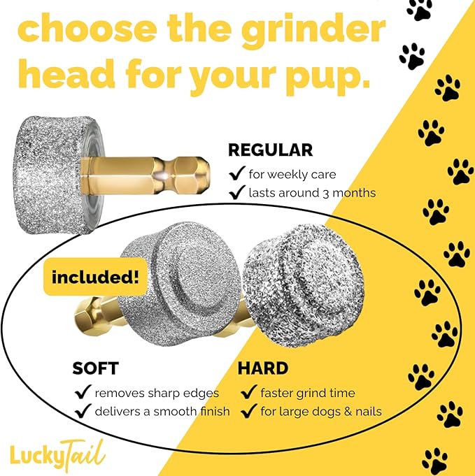 LuckyTail - Dog Nail Grinder - Hard & Soft Replacement Heads - Small & Large Dogs - Premium Quality - Diamond Tip Drill Bit - Professional Dog Nail Trimmers - Grooming Tool kit - 2 Pack