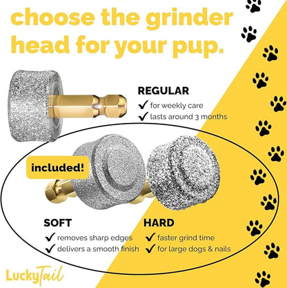 LuckyTail - Dog Nail Grinder - Hard & Soft Replacement Heads - Small & Large Dogs - Premium Quality - Diamond Tip Drill Bit - Professional Dog Nail Trimmers - Grooming Tool kit - 2 Pack