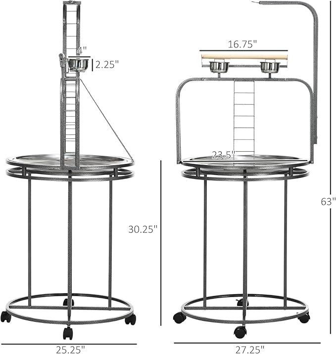 PawHut Parrot Stand Large Bird Perch Stand with Toy Hook & 3 Ladders, Parrot Perch with Easy Grip, Bird Wooden Stand, Gray