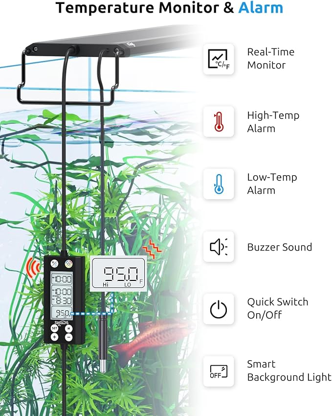 SEAOURA Aquarium Plant Light with Temperature Detector, 18-24in Full Spectrum Fish Tank Lights, 24/7 Programmable with Power Off Memory, WRGB Custom, 20 Level Dimmable for Freshwater Aquariums