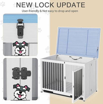 33in Furniture Dog Crate, Large/Medium Dog Crate End Table, Solid Wood Portable Foldable Indoor, No Assembly Needed (White and Blue)