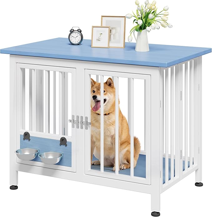 YITAHOME 39.3" Foldable Dog Crate Furniture, Portable Wooden Kennel End Table with Adjustable Feet & 360° Rotatable Bowls, Perfect for Small to Medium Dogs, Blue