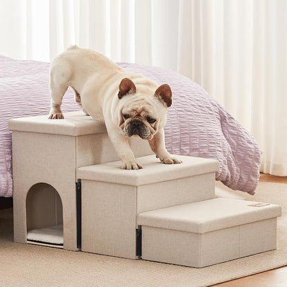 Love's cabin Dog Stairs for Small Medium or Large Dogs with Storage and Condo,Foldable Dog Steps for Bed or Couch,3-Step Gray Folding Cat Dog Ramp with Zip up to 210 lbs,Beige