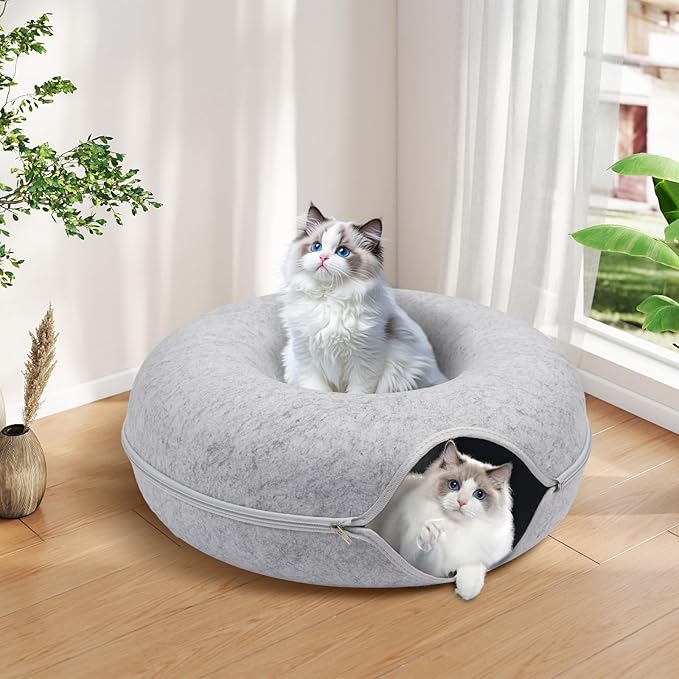 Cat Caves for Indoor Cats, Large Cat Tunnel for Multiple & Large Cats, Scratch Detachable Cave Bed, Kitten Donut Kitty Hideaway Up to 45 Lbs