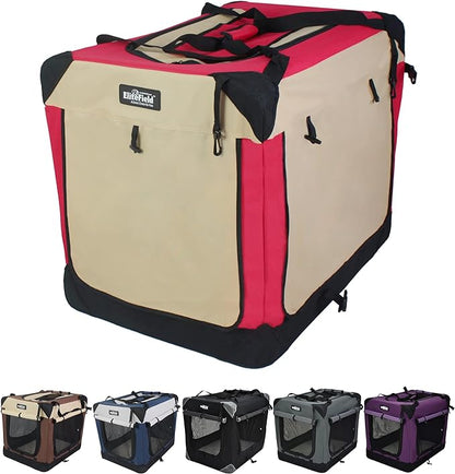 EliteField 4-Door Folding Soft Dog Crate with Curtains, Carrying Bag and Fleece Bed (2 Year Warranty), Indoor & Outdoor Pet Home (20" L x 14" W x 14" H, Red+Beige)