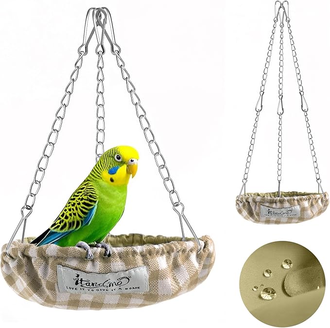 Waterproof Bird Bed with Adjustable Chain, Customizable Height Hanging Bird Hammock for Cage, Small Size Bird Nest with Durable Non-Collapsible Bottom, Bird Hut for Conures, Budgies (Khaki)