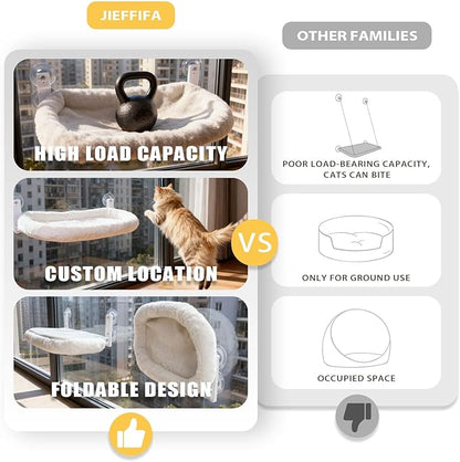 Cat Window Perch with Strong Suction Cups, 55lbs Hold Weight Tested, Foldable Cat Window Hammock Bed with Breathable Mesh, All-Season Lounger for Medium Small Cats to Bird Watch & Sunbathe (White, XL)