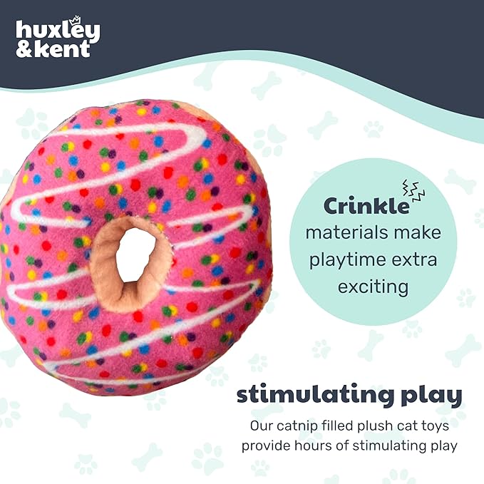 Huxley & Kent Plush Cat Toy - Interactive Catnip Toy for Cats & Kittens - Soft with Crinkle & Catnip - Fun Indoor Play - Strawberry Donut