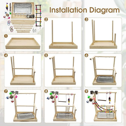 PINVNBY Bird Playground Parrot Playstand Play Gym Cockatiel Wood Bird Toys Birds Cage Accessories Playpen Ladder with Feeder Cups Hanging Swing Toys for Parakeet Conure Lovebird Cockatiel