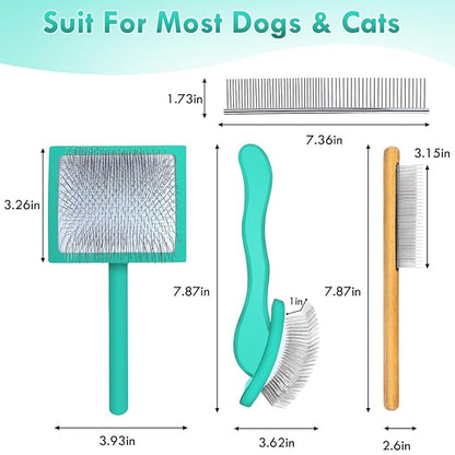 Large Green Dog Brush for Medium to Long Haired Pets - Slicker Brush Removes Loose Hair, Tangles and Knots, Best Grooming Tool for Small Animals, Free Pet Comb Included