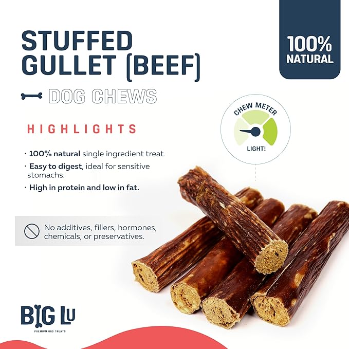 Big Lu - 6-Inch Stuffed Gullet Sticks, 10 Count, Premium Beef Dog Treats, All-Natural, High-Protein, Easily Digestible Chews for Dogs, Supports Dental Health and Joint Mobility