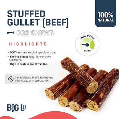 Big Lu - 6-Inch Stuffed Gullet Sticks, 10 Count, Premium Beef Dog Treats, All-Natural, High-Protein, Easily Digestible Chews for Dogs, Supports Dental Health and Joint Mobility