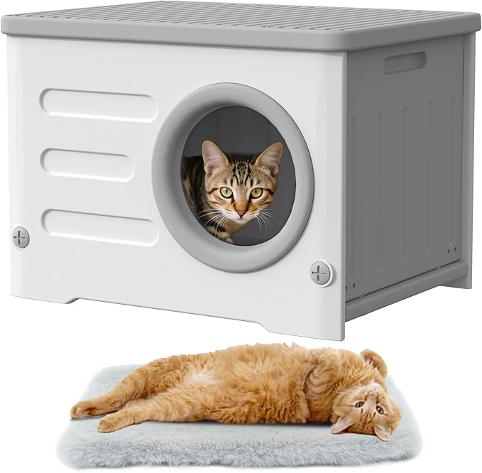 Plastic Cave-Style Cat House for Outdoor Indoor Use, Weatherproof&Insulated Feral Shelter Elevated Stackable Waterproof Cat House with Bed Cushion(Grey)