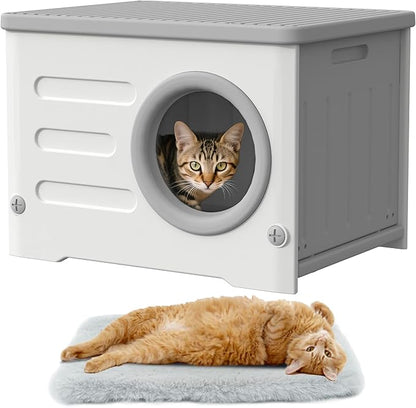 Plastic Cave-Style Cat House for Outdoor Indoor Use, Weatherproof&Insulated Feral Shelter Elevated Stackable Waterproof Cat House with Bed Cushion(Grey)