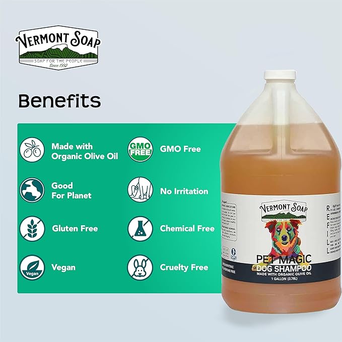 Vermont Soap Organics Pet Shampoo - Organic & Natural Olive Oil, Coconut & Aloe Vera Dog Shampoo for Sensitive Skin - USDA Certified Grooming Pet Shampoo - Gallon
