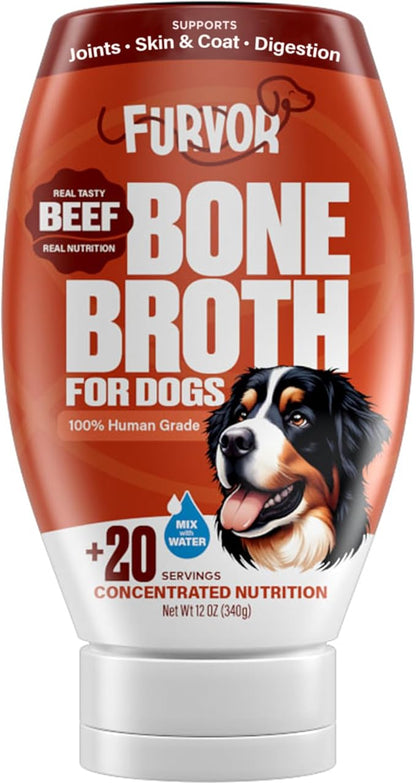 Beef Bone Broth for Dogs - Collagen Protein Supplement for Digestion, Mobility, Coat, Immune System, Healthy Dog Food Topper, Human Grade Meal Boost Gravy, Just Add Water, Made in USA 12 oz