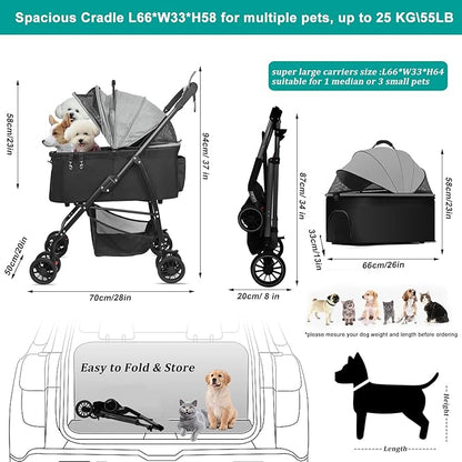 MILA&LOUIS Dog Stroller for Medium Dogs, Lightweigh Pet Stroller for Small Dogs, 4 Upgraded Wheels, Dog Strollers with Cup Holder, Hook, Puppy Stroller with Detachble Spacious Cradle for Multiple Pets