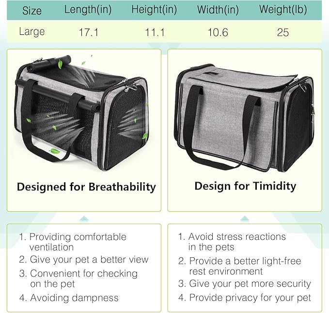 YUDODO 25 lbs Lightproof Pet Carriers Airline Approved Dog Cat Travel Soft Sided Carrier Reflective Mesh Safe Pet Cat Carrier Foldable Portable Small Animal Rabbit Puppy Cat Carrier Grey