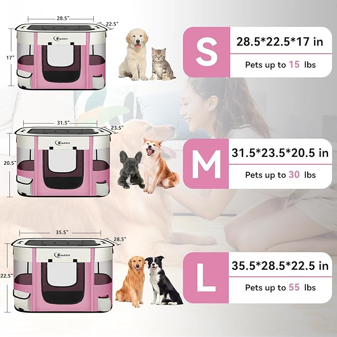 Dog Cat Playpen28/31/35in, Pet Puppy Portable Playpens for Dogs Indoor Outdoor Travel Crate,Foldable Dog Kennel Tent for Rabbit or Small Animals and Tent Stakes (Pink, Large)