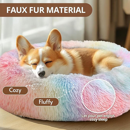 JOLLYVOGUE Donut Dog Bed for Large Dogs, Anti-Anxiety Washable Round Large Pet Bed, Calming Donut Dog Bed for Sleeping, Fluffy Dog Beds for Large Dogs, Round Bed for Indoor Pet (36"/Rainbow