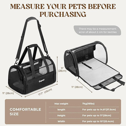 BurgeonNest Soft-Sided Dog Carrier Airplane Approved for Small Dogs Side-Expandable Pet Cat Carrier，Lightweight Puppy Purse 0-15 lbs, 17.7x11x11 Inchs Up to 16lbs, Black
