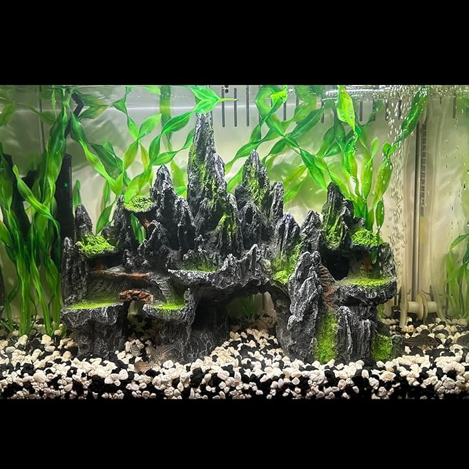 Large Fish Tank Decoration - Mountain View Aquarium Ornament with Tree House Cave Bridge Artificial Plastic Plants Large Fish Tank Decorations
