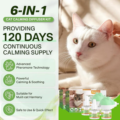 Cat Calming Diffuser with 3 Timing Functions, 6-in-1 Cat Pheromones Calming Diffuser Kit, 120-Day Anxiety Relief, Stress Reduction & Relaxation for All Cats (2 Diffusers + 4 Refills)