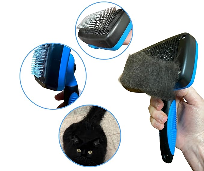 3-in-1 Pet Grooming Set - Self-Cleaning Slicker Brush, Deshedding Rake Comb, and Finger Toothbrush for Dogs & Cats | Perfect for Grooming, Dematting, and Dental Care (blue)