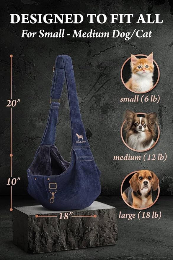 Noah & Paw Dog Sling Carrier for Small Dogs 5-18lb, Dog Sling for Small Dogs and Cats, Dog Carrier with Adjustable Padded Strap, Premium Denim, Lined with Fur, Double Safety Feature, Machine Washable