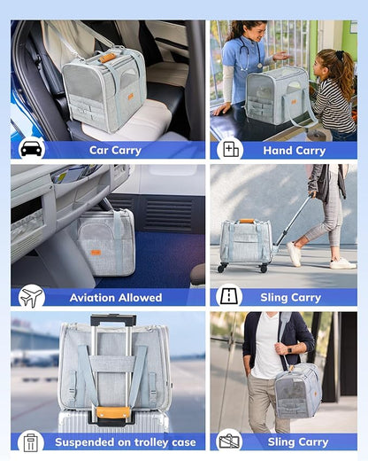 Morpilot Dog Carrier with Wheels Pet Carrier Airline Approved, Cat Carrier with Wheels Large for 2 Cats, Rolling Puppy Stroller Detachable and Foldable Pet Travel Bag Gray
