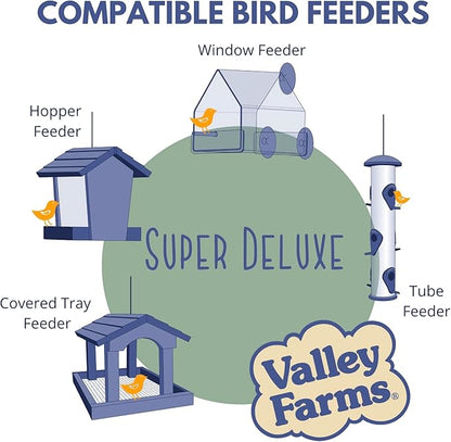 Valley Farms Super Deluxe Wild Bird Food (15 LB) for Outside feeders - 0% fillers - Loads of Sunflower Seed - w/Peanut kernels -Feed More Birds w/Less Seed