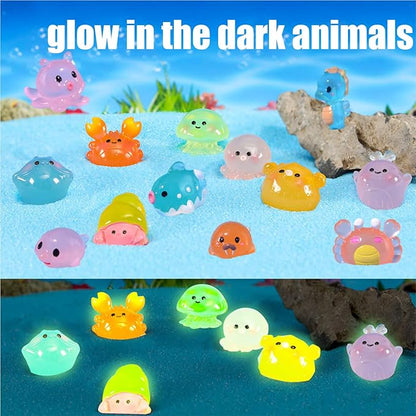 Resin Animals Variety Pack 100 PCS Mini Ocean Animals Figures Ornaments Mini Luminous Resin Figures to Hide for DIY Fish Tank Accessories Micro Landscape Craft