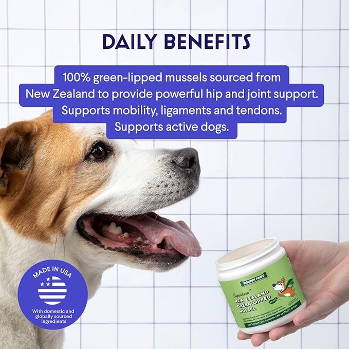 Premium Green Lipped Mussels for Dogs  Pure New Zealand Green Lipped Mussel Powder with Blue Lipped Mussels for Dogs  for Hip and Joint Flexibility, Mobility, Strength, Tendons and Muscles  2.60oz